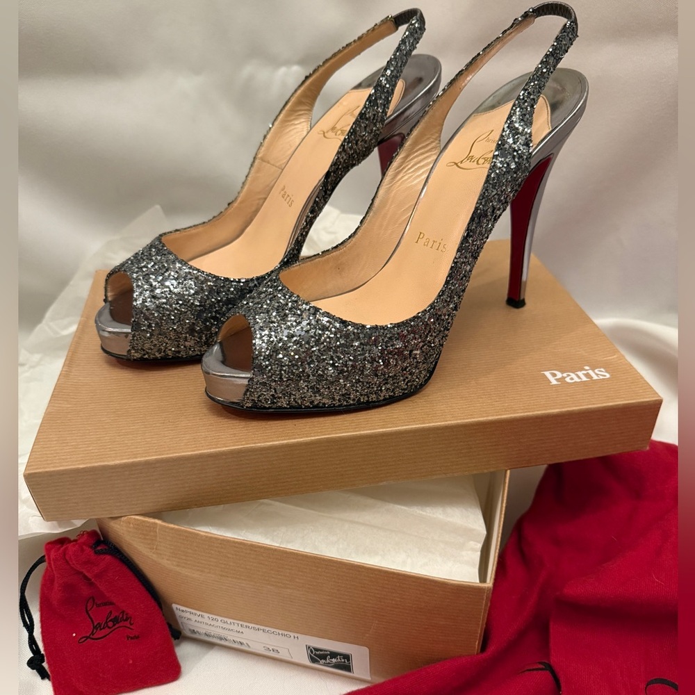 Christian Louboutin Silver Glitter Slingback with bags, box, extra heels